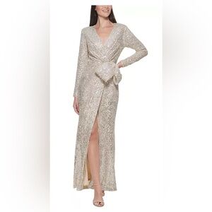 Eliza J Women's Formal Dress Size 6 Gold Sequined Long Sleeve Thigh Slit Gown